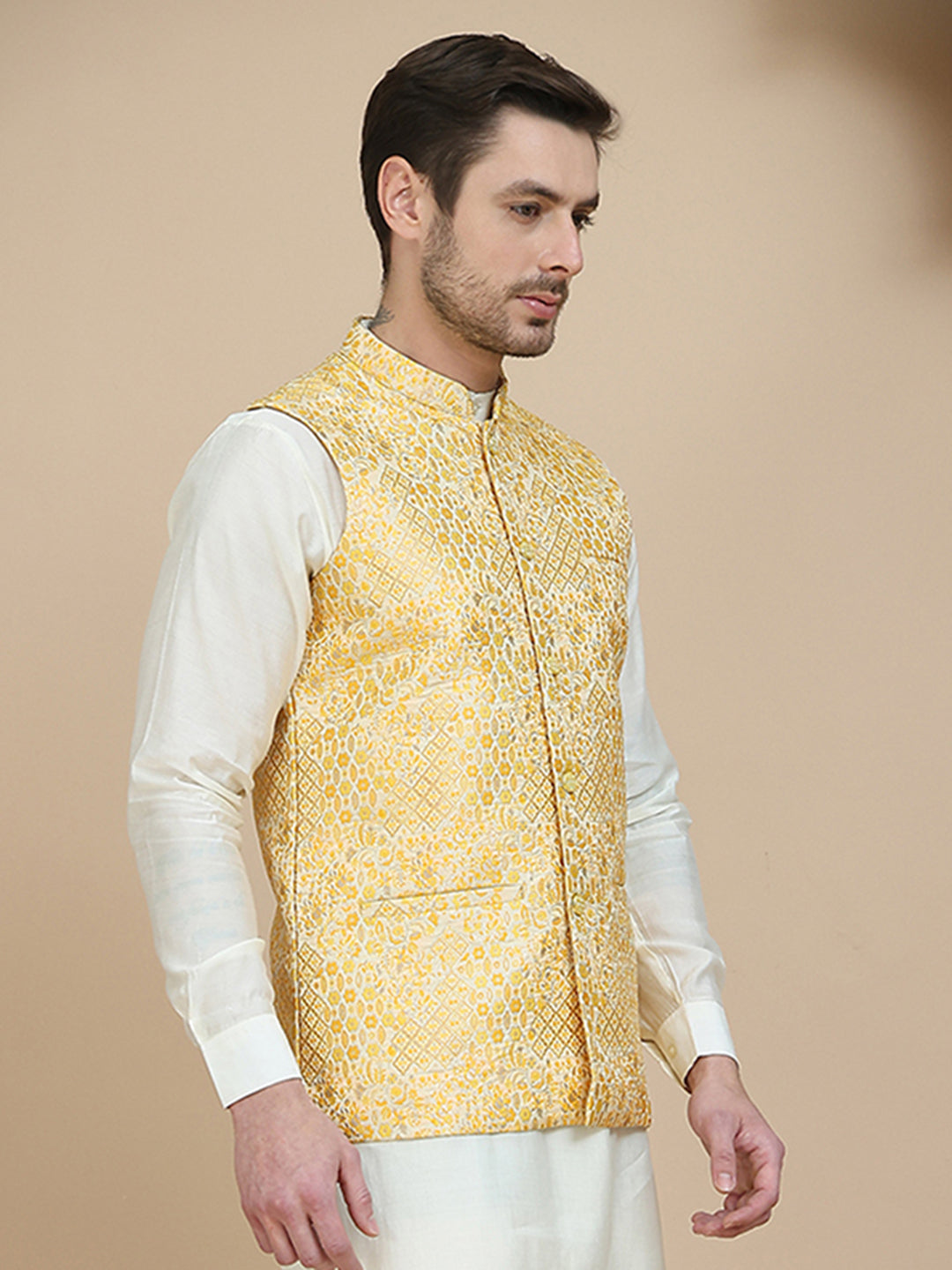 Woven Design Nehru Jacket for Men ( JOWC 4134 Yellow )