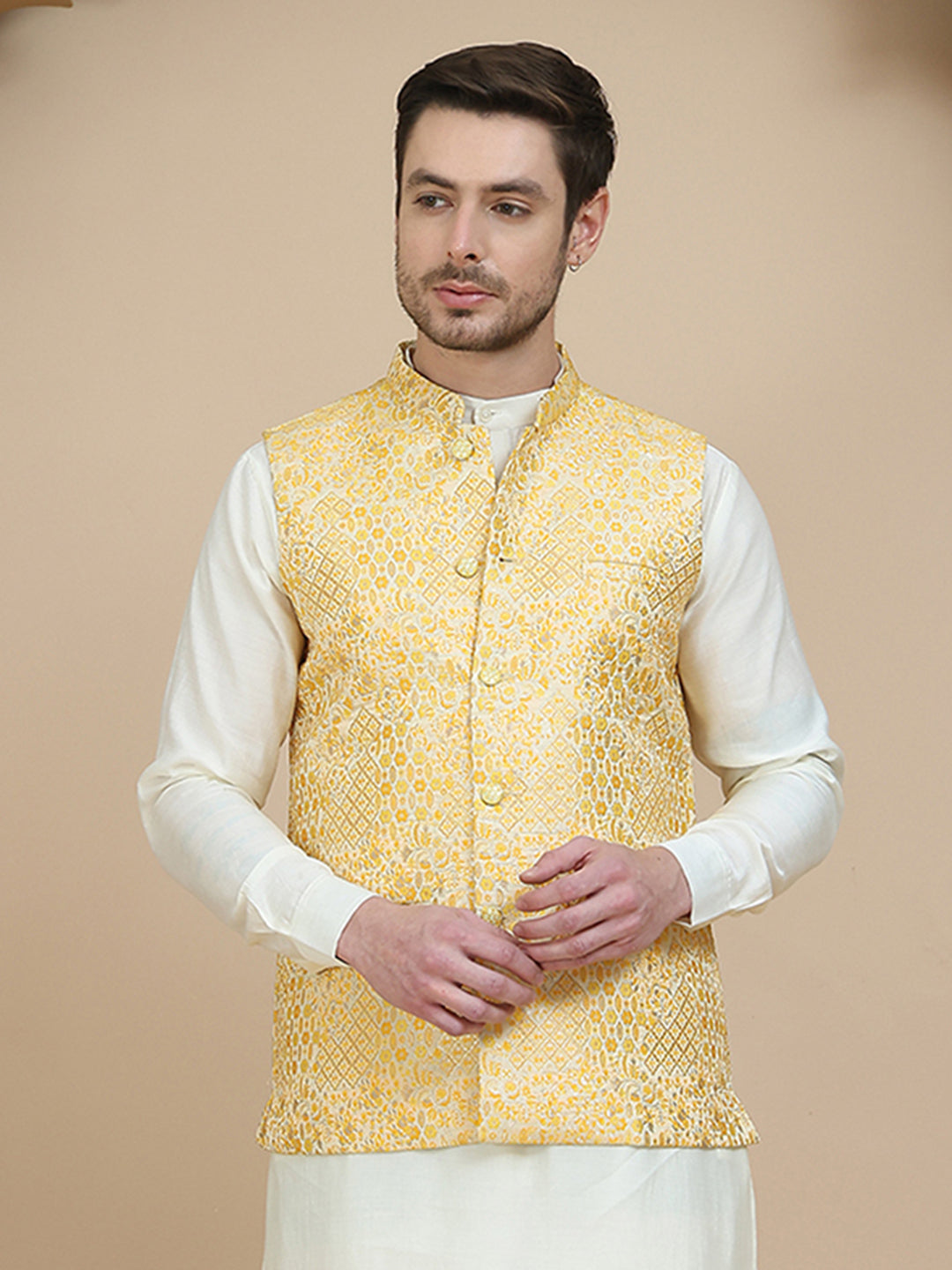 Woven Design Nehru Jacket for Men ( JOWC 4134 Yellow )