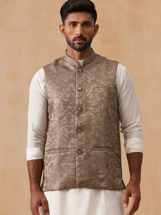 Woven Design Nehru Jacket for Men ( JOWC 4135 Brown )