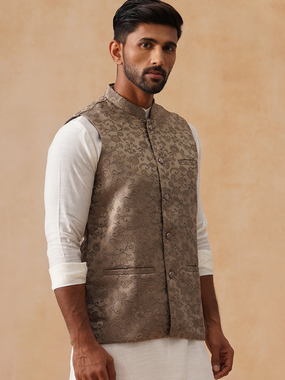 Woven Design Nehru Jacket for Men ( JOWC 4135 Brown )