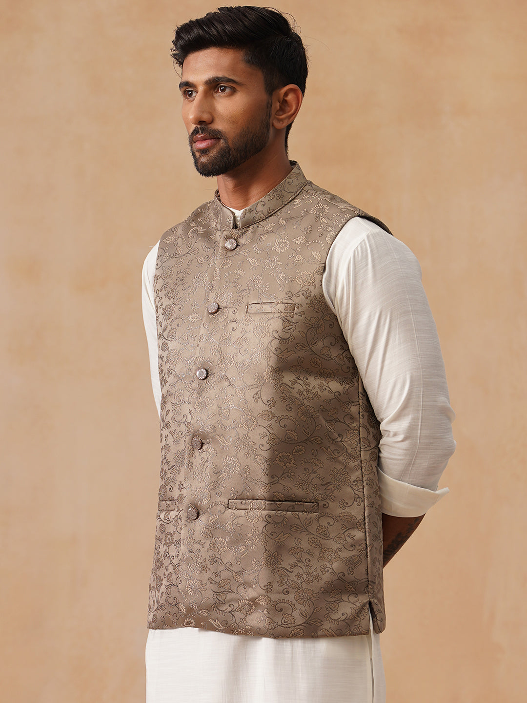 Woven Design Nehru Jacket for Men ( JOWC 4135 Brown )