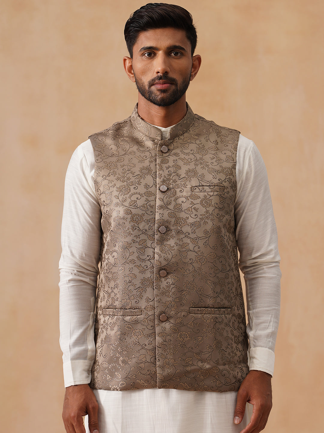 Woven Design Nehru Jacket for Men ( JOWC 4135 Brown )