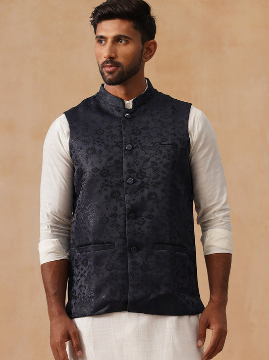 Woven Design Nehru Jacket for Men ( JOWC 4135 Navy )