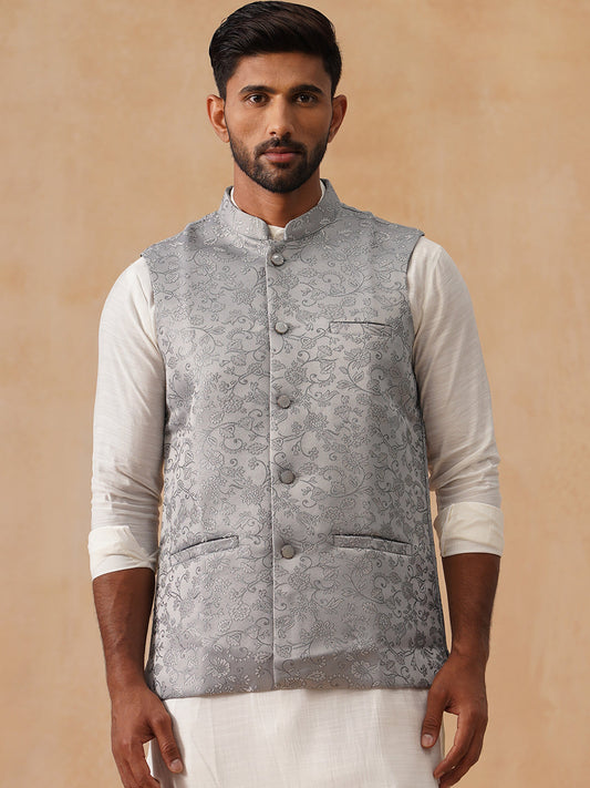 Woven Design Nehru Jacket for Men ( JOWC 4135 Silver )