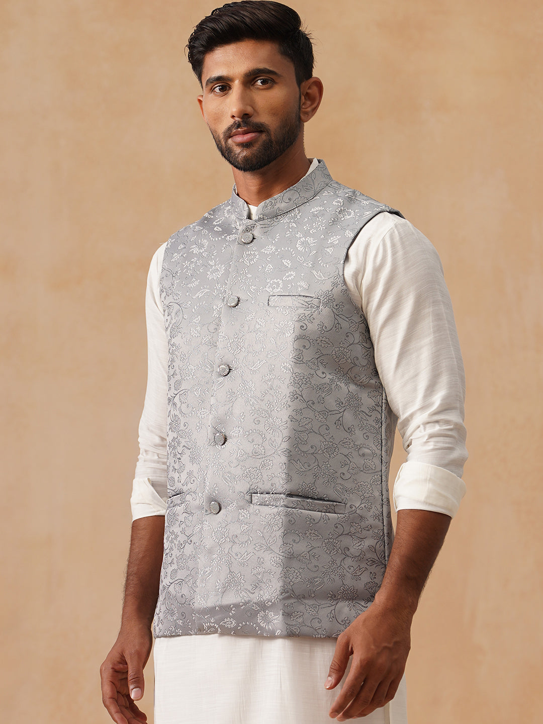 Woven Design Nehru Jacket for Men ( JOWC 4135 Silver )