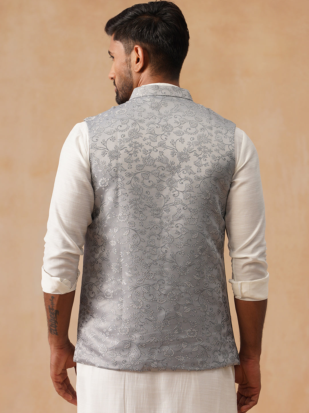 Woven Design Nehru Jacket for Men ( JOWC 4135 Silver )