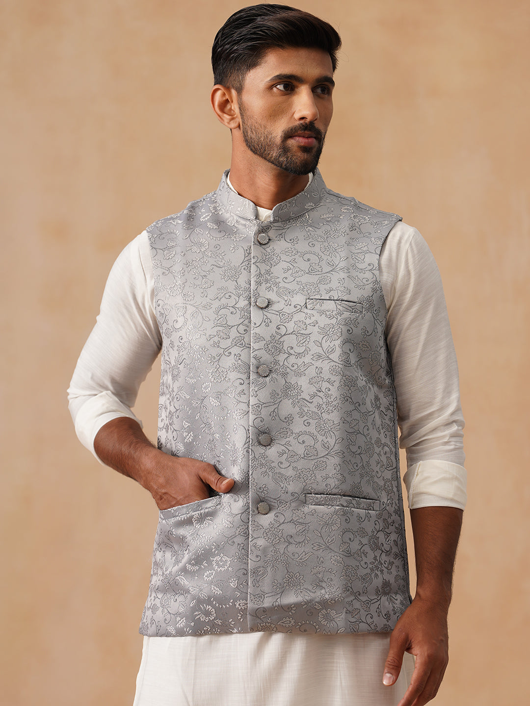 Woven Design Nehru Jacket for Men ( JOWC 4135 Silver )
