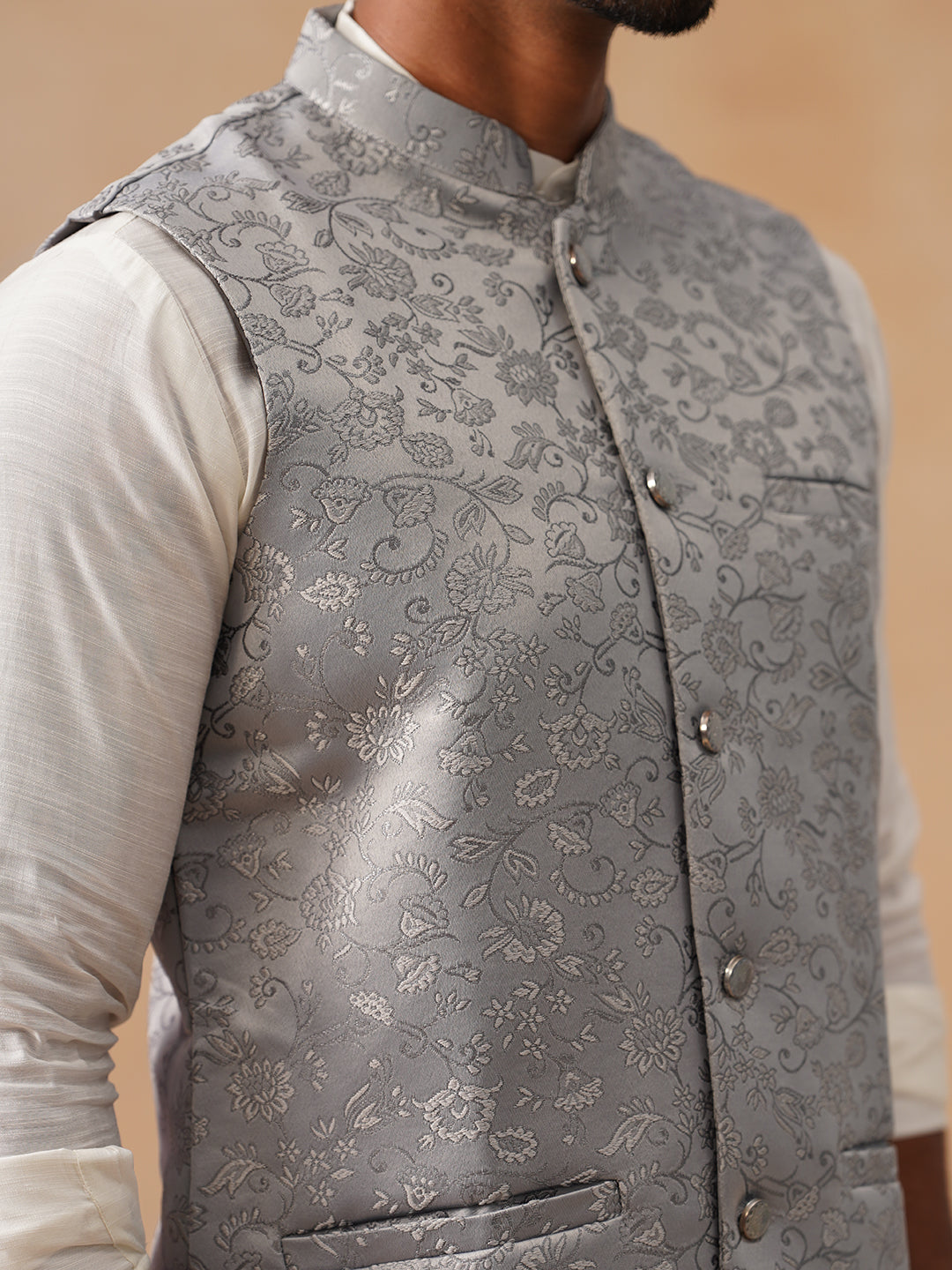 Woven Design Nehru Jacket for Men ( JOWC 4135 Silver )