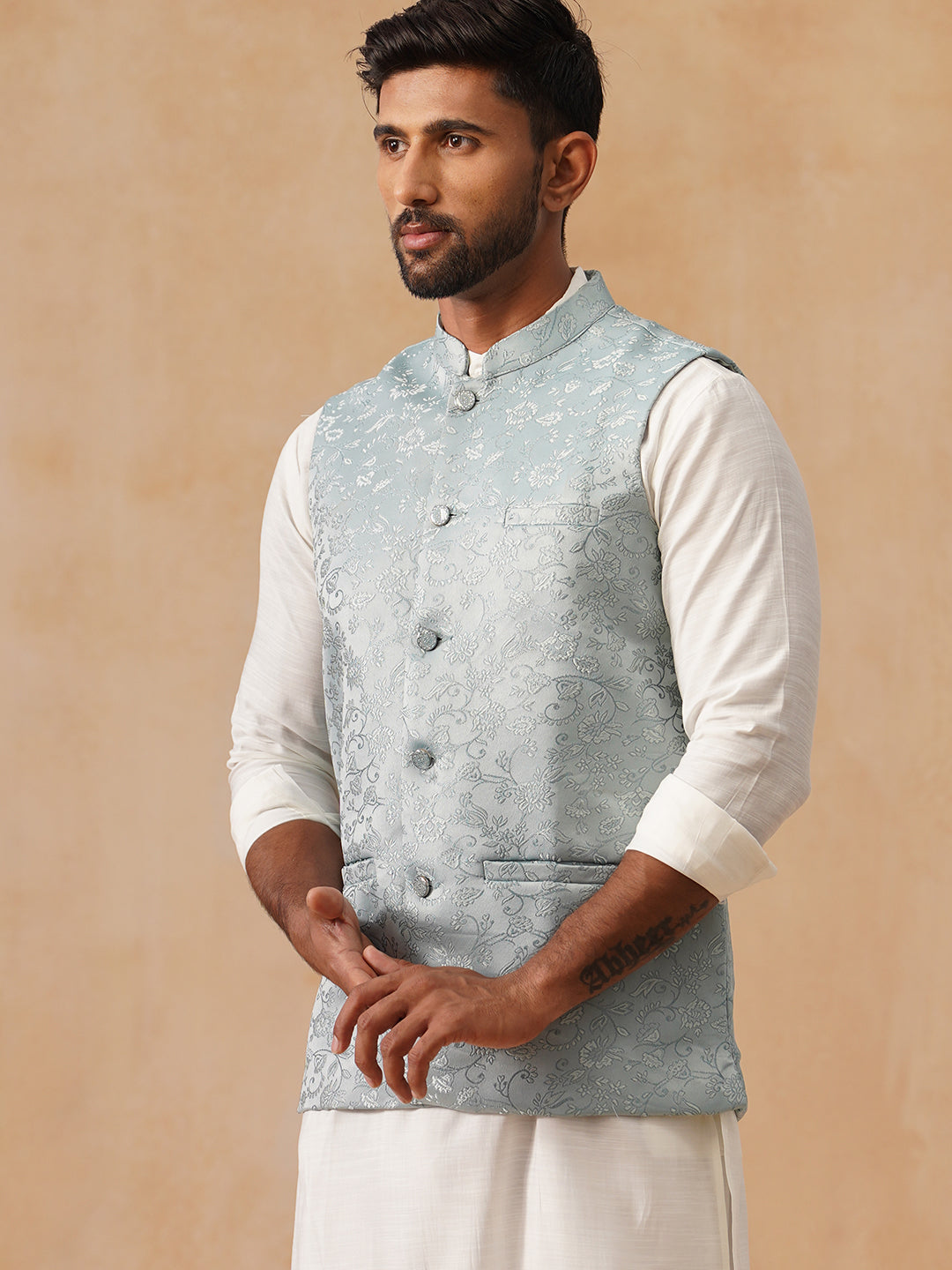 Woven Design Nehru Jacket for Men ( JOWC 4135 Sky )