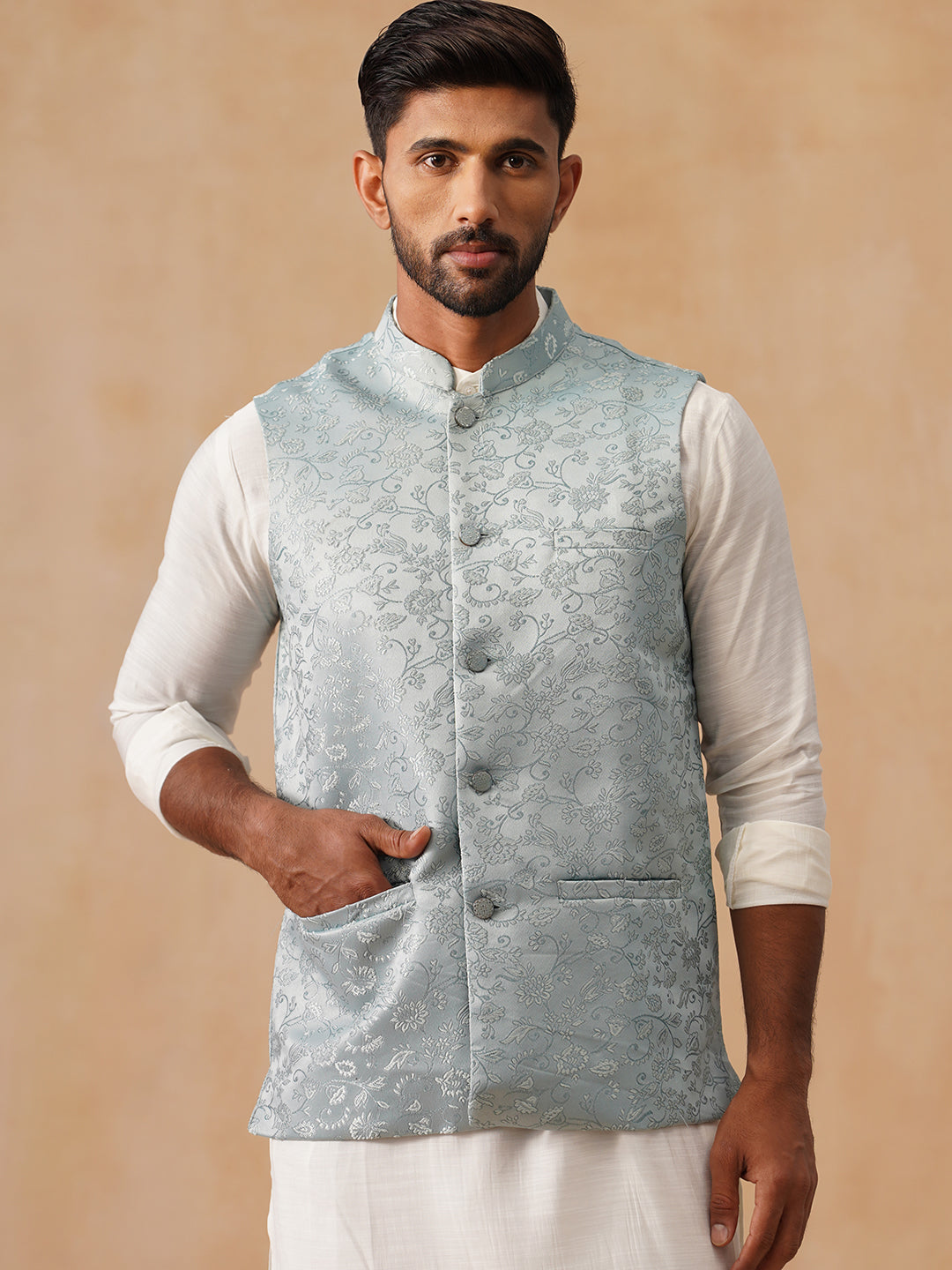 Woven Design Nehru Jacket for Men ( JOWC 4135 Sky )