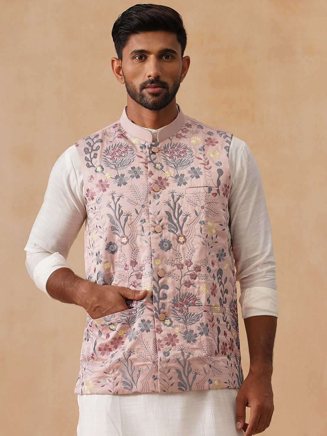 Floral Embroidered Silk Blend Nehru Jacket ( JOWC 4136 Peach )