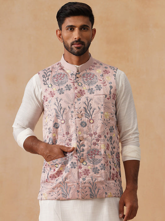 Floral Embroidered Silk Blend Nehru Jacket ( JOWC 4136 Peach )