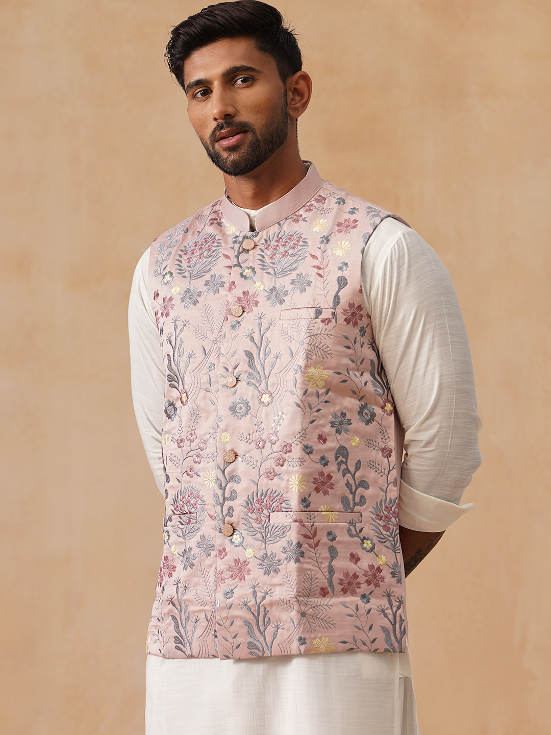 Floral Embroidered Silk Blend Nehru Jacket ( JOWC 4136 Peach )