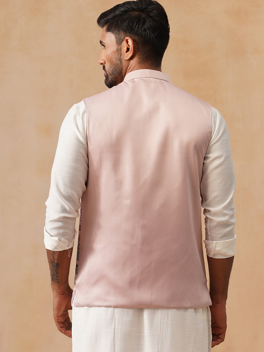Floral Embroidered Silk Blend Nehru Jacket ( JOWC 4136 Peach )