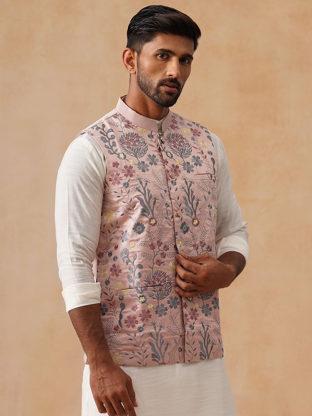 Floral Embroidered Silk Blend Nehru Jacket ( JOWC 4136 Peach )