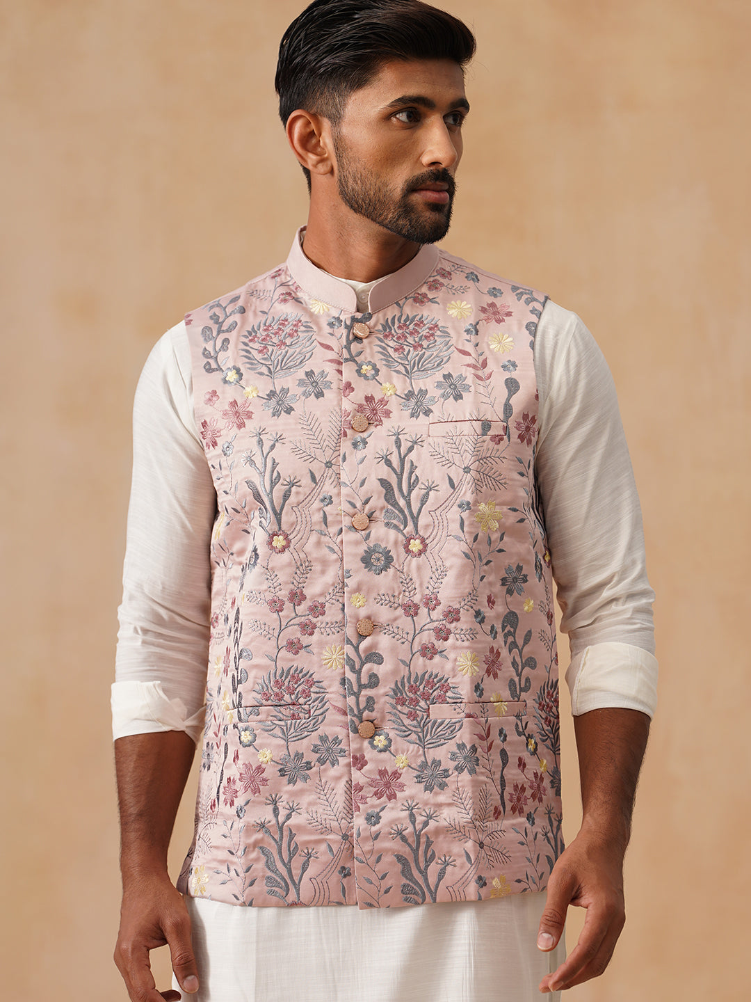 Floral Embroidered Silk Blend Nehru Jacket ( JOWC 4136 Peach )