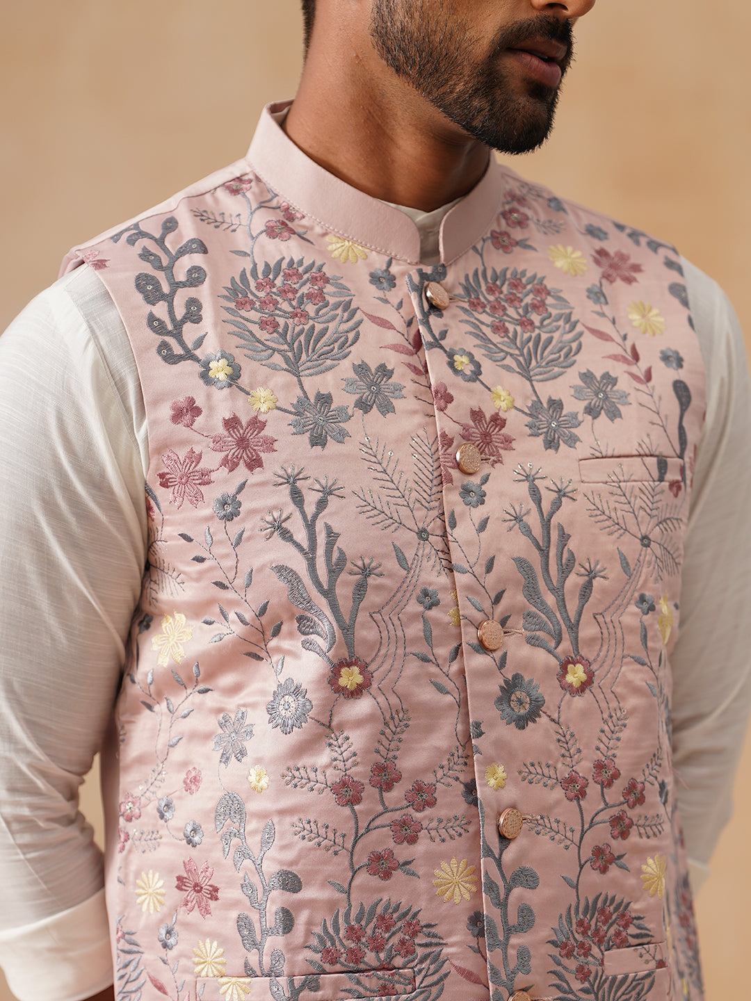 Floral Embroidered Silk Blend Nehru Jacket ( JOWC 4136 Peach )