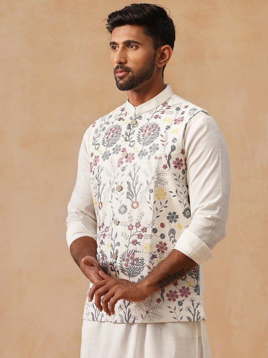 Floral Embroidered Silk Blend Nehru Jacket ( JOWC 4136 White )