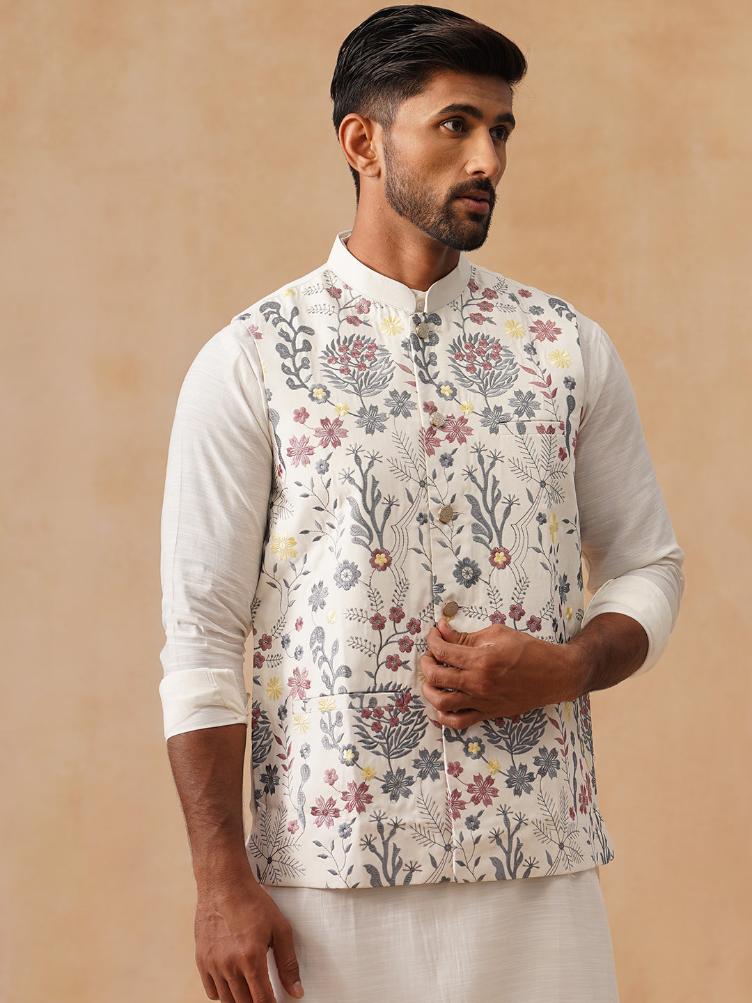 Floral Embroidered Silk Blend Nehru Jacket ( JOWC 4136 White )