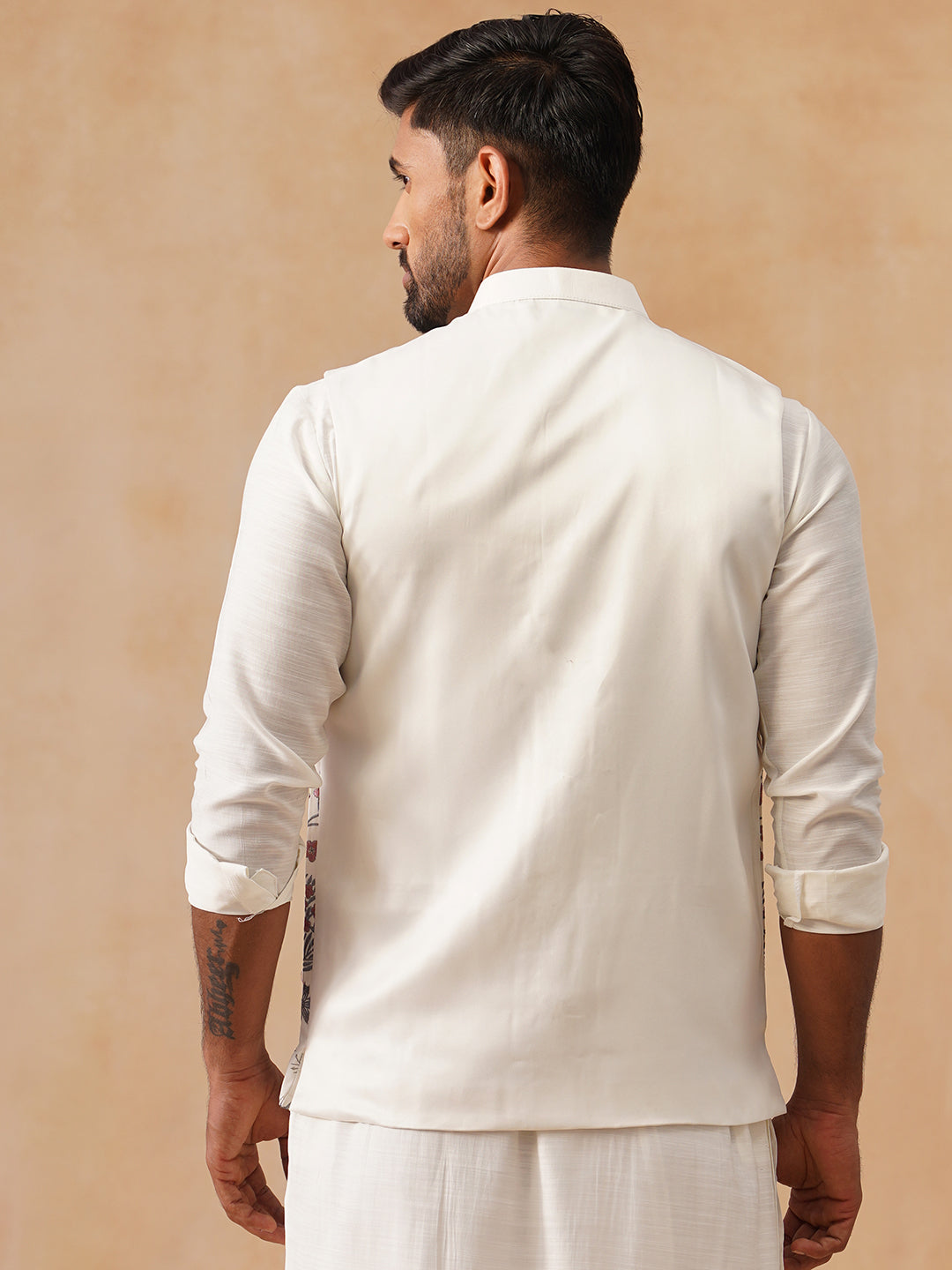 Floral Embroidered Silk Blend Nehru Jacket ( JOWC 4136 White )