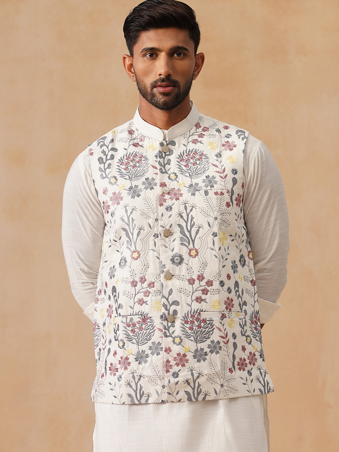 Floral Embroidered Silk Blend Nehru Jacket ( JOWC 4136 White )