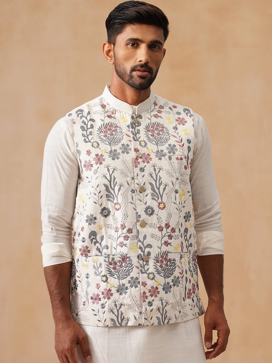 Floral Embroidered Silk Blend Nehru Jacket ( JOWC 4136 White )