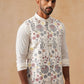 Floral Embroidered Silk Blend Nehru Jacket ( JOWC 4136 White )