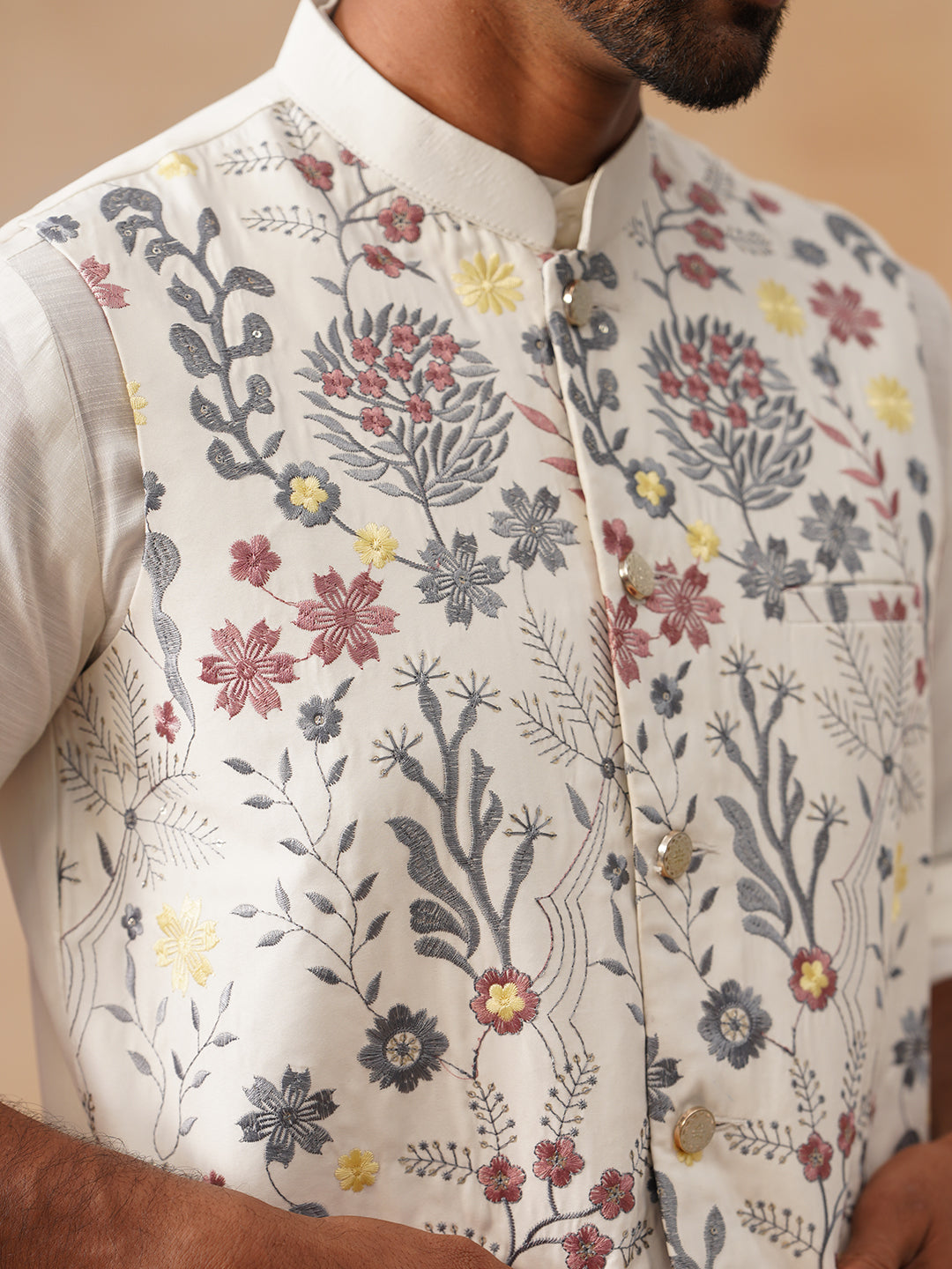 Floral Embroidered Silk Blend Nehru Jacket ( JOWC 4136 White )