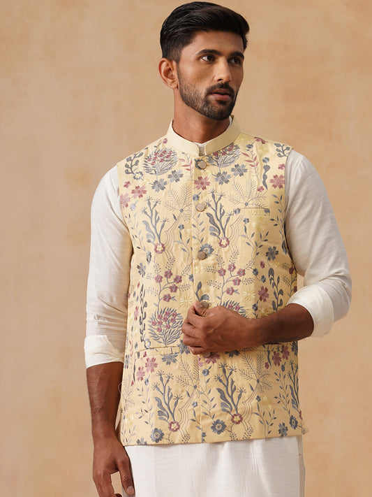 Floral Embroidered Silk Blend Nehru Jacket ( JOWC 4136 Yellow )