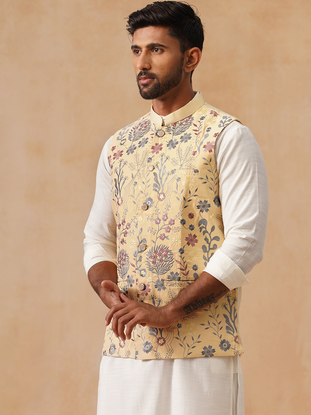 Floral Embroidered Silk Blend Nehru Jacket ( JOWC 4136 Yellow )
