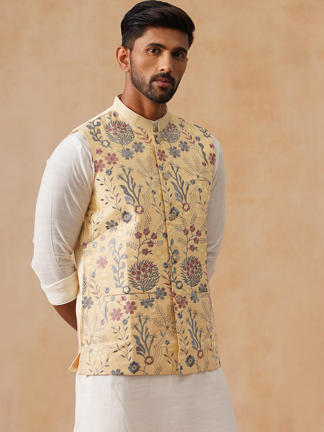 Floral Embroidered Silk Blend Nehru Jacket ( JOWC 4136 Yellow )