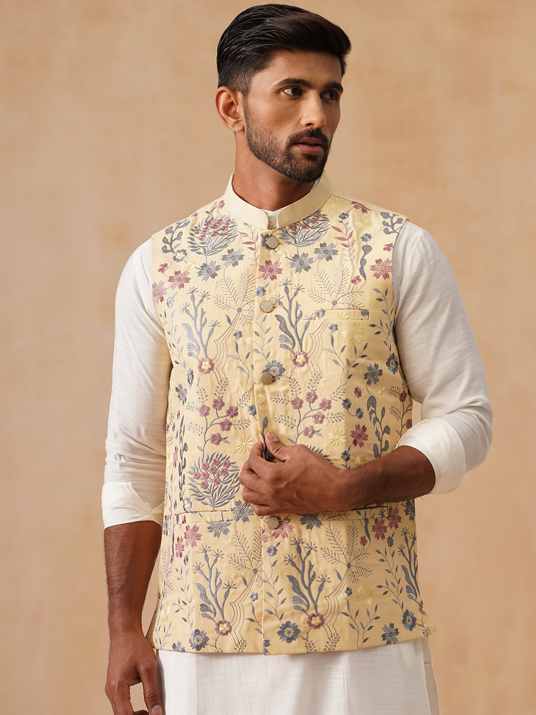 Floral Embroidered Silk Blend Nehru Jacket ( JOWC 4136 Yellow )