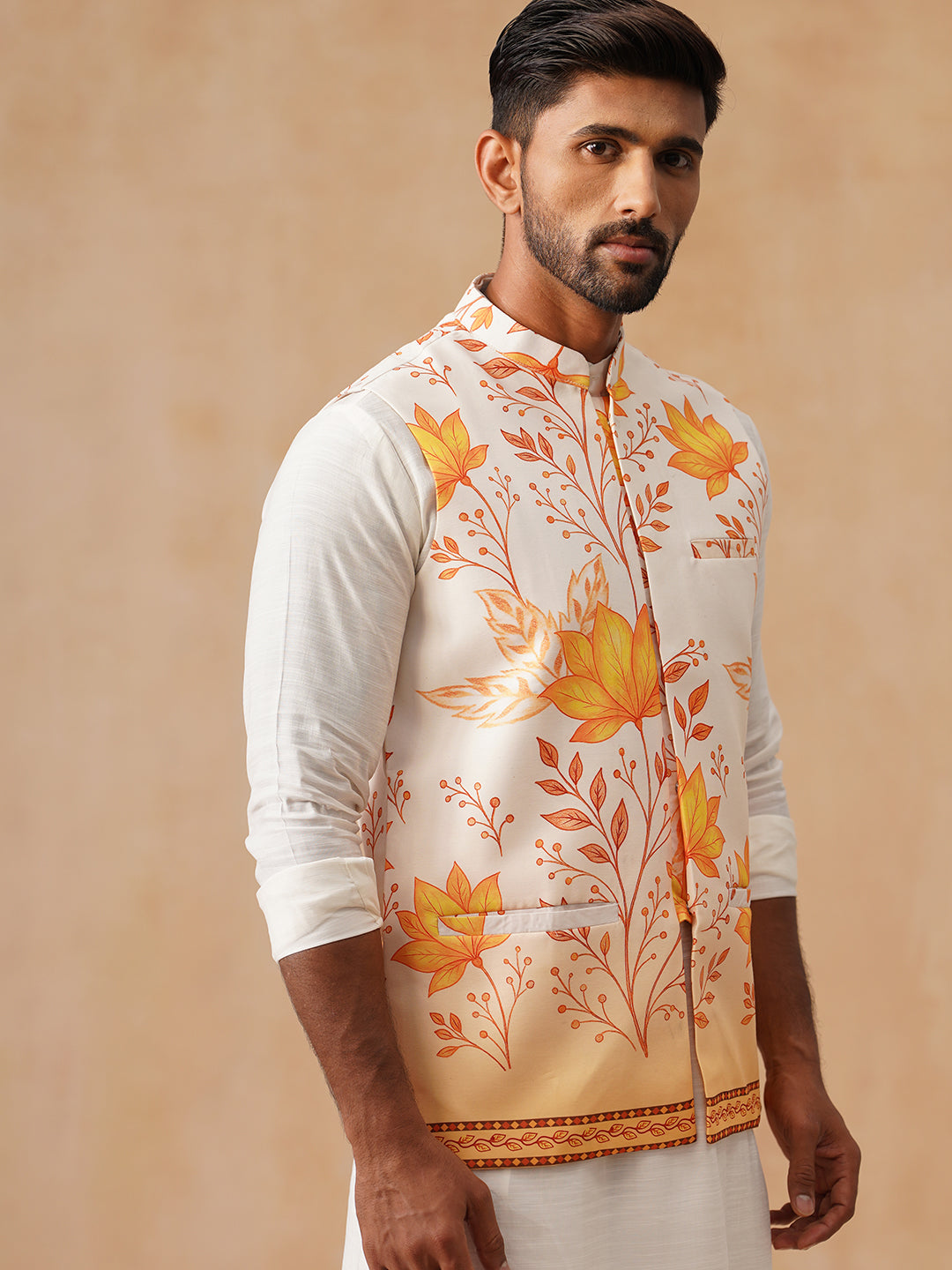 Floral Printed Silk Blend Nehru Jacket ( JOWC 4137 Orange )