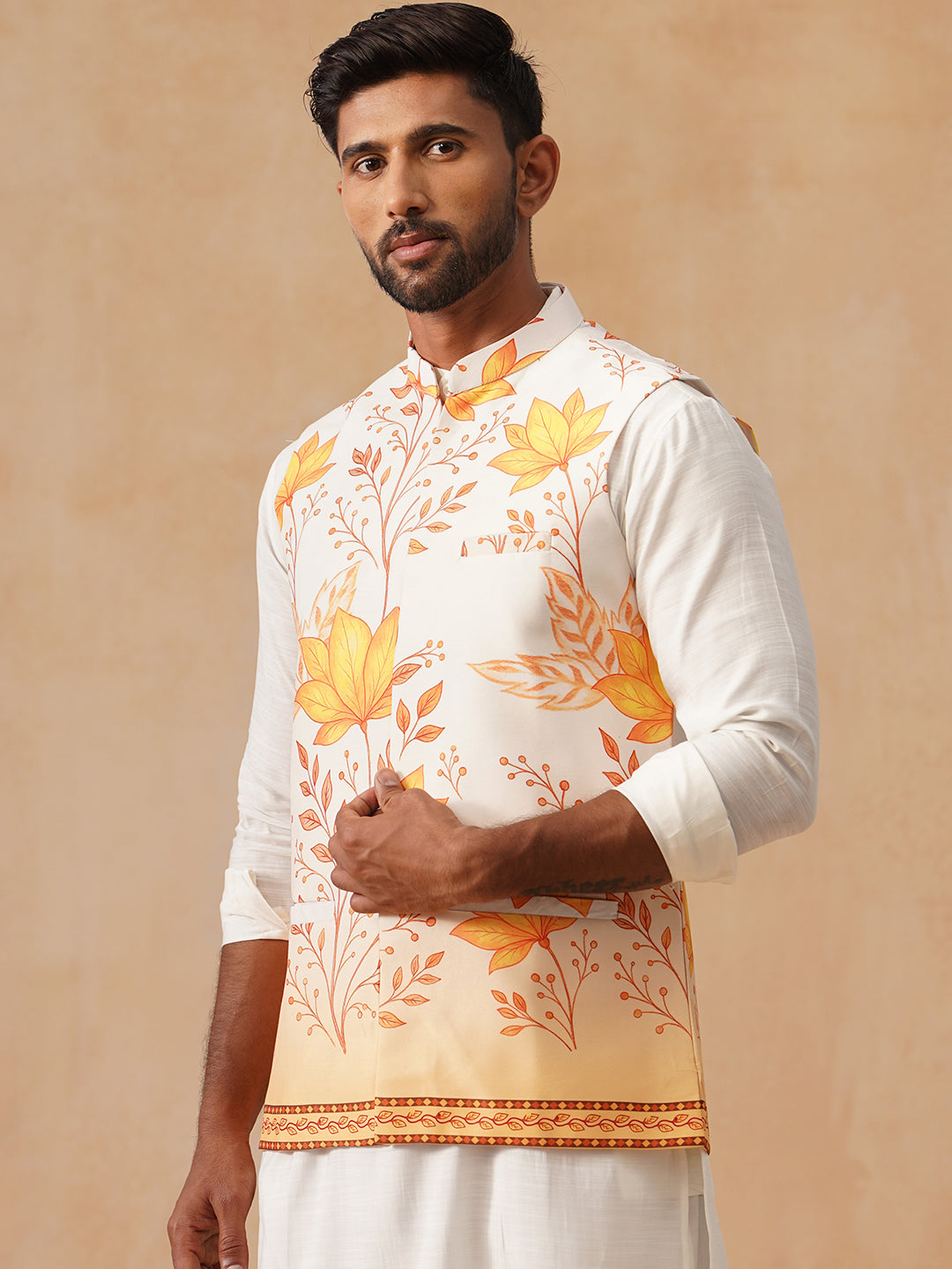 Floral Printed Silk Blend Nehru Jacket ( JOWC 4137 Orange )