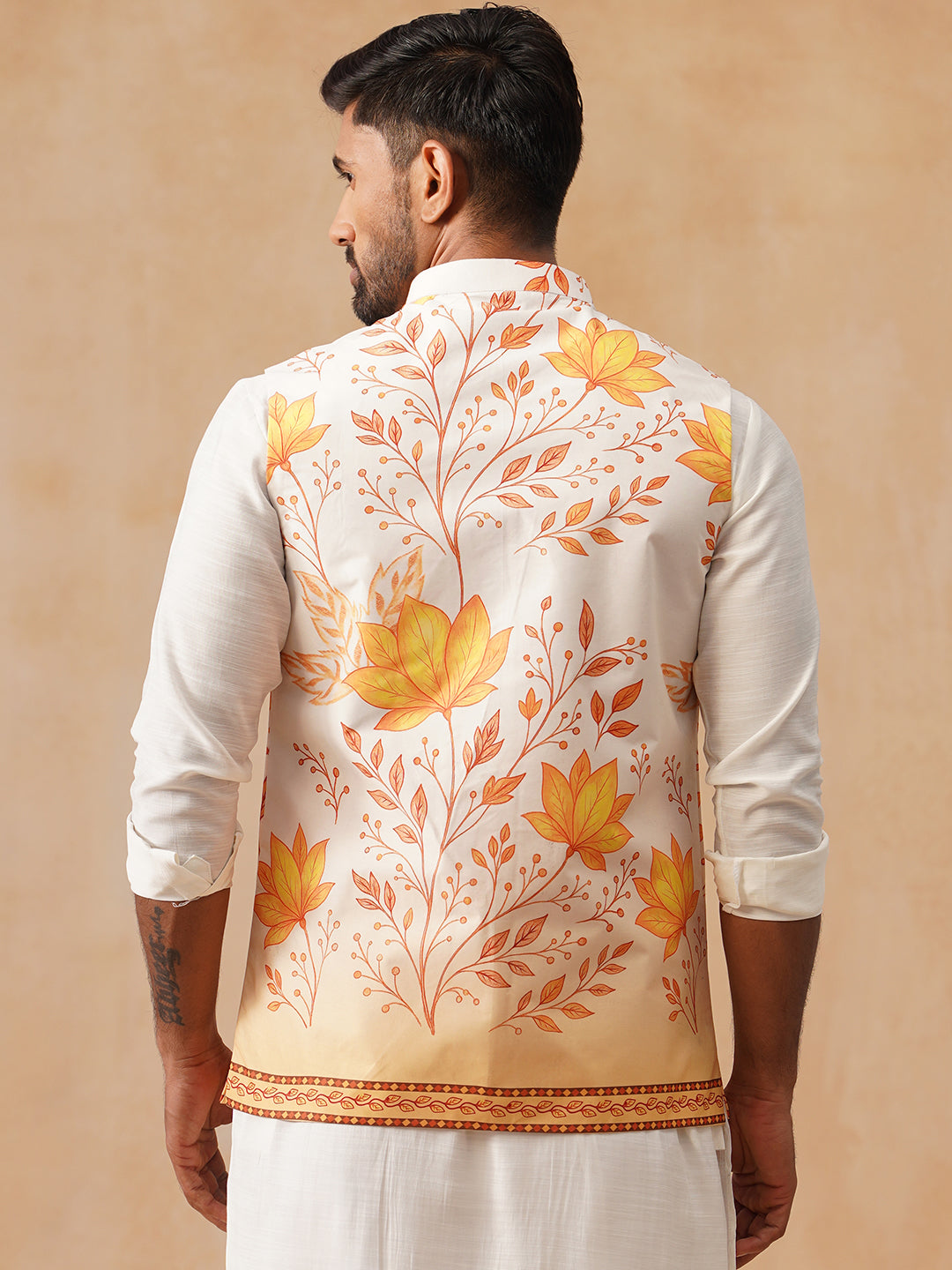 Floral Printed Silk Blend Nehru Jacket ( JOWC 4137 Orange )