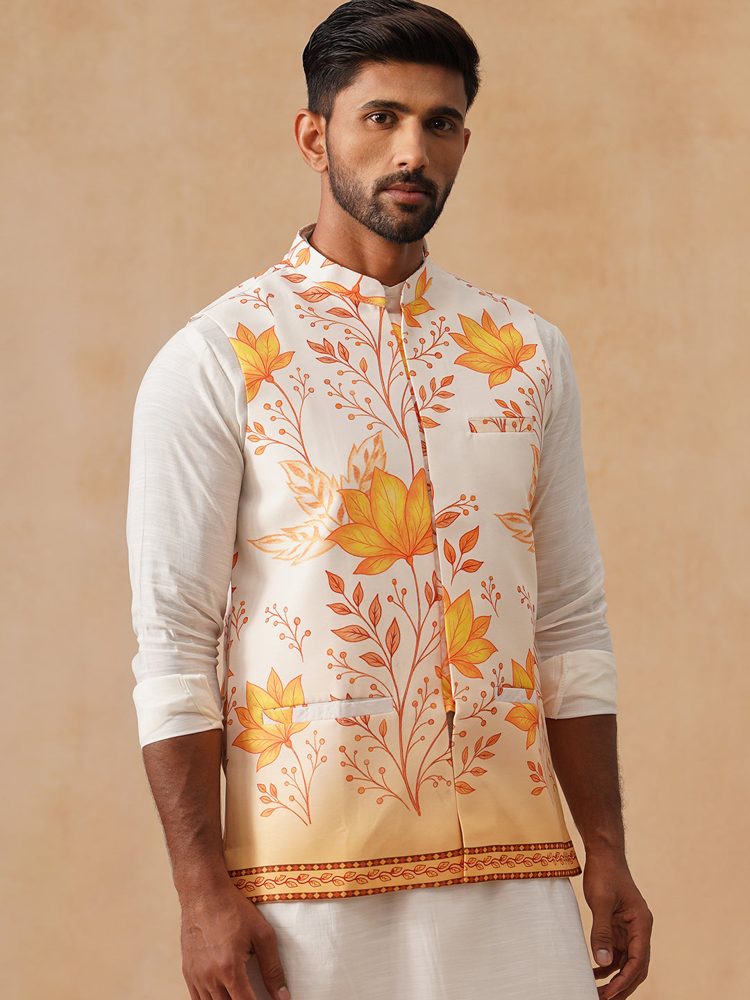 Floral Printed Silk Blend Nehru Jacket ( JOWC 4137 Orange )