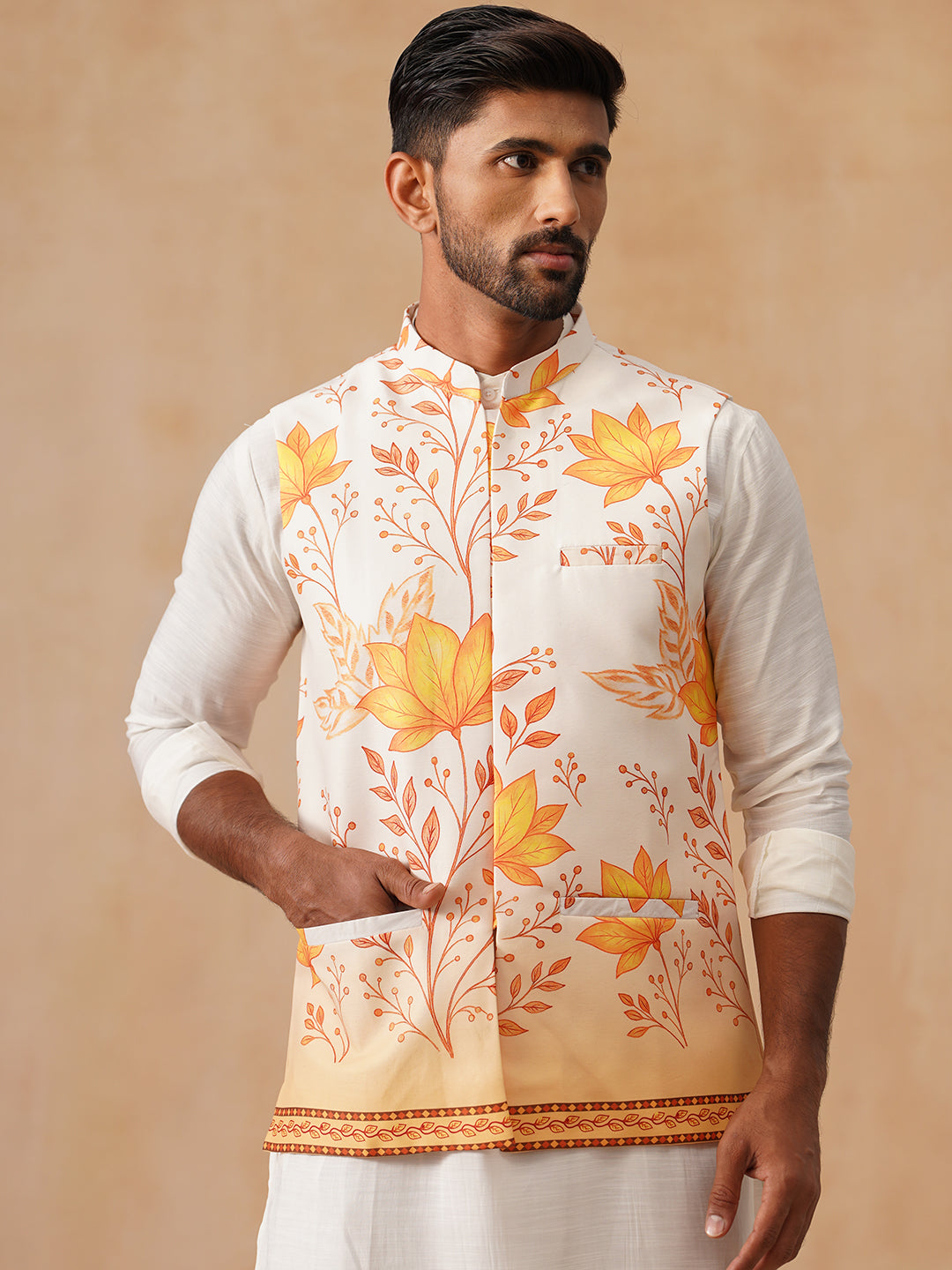 Floral Printed Silk Blend Nehru Jacket ( JOWC 4137 Orange )