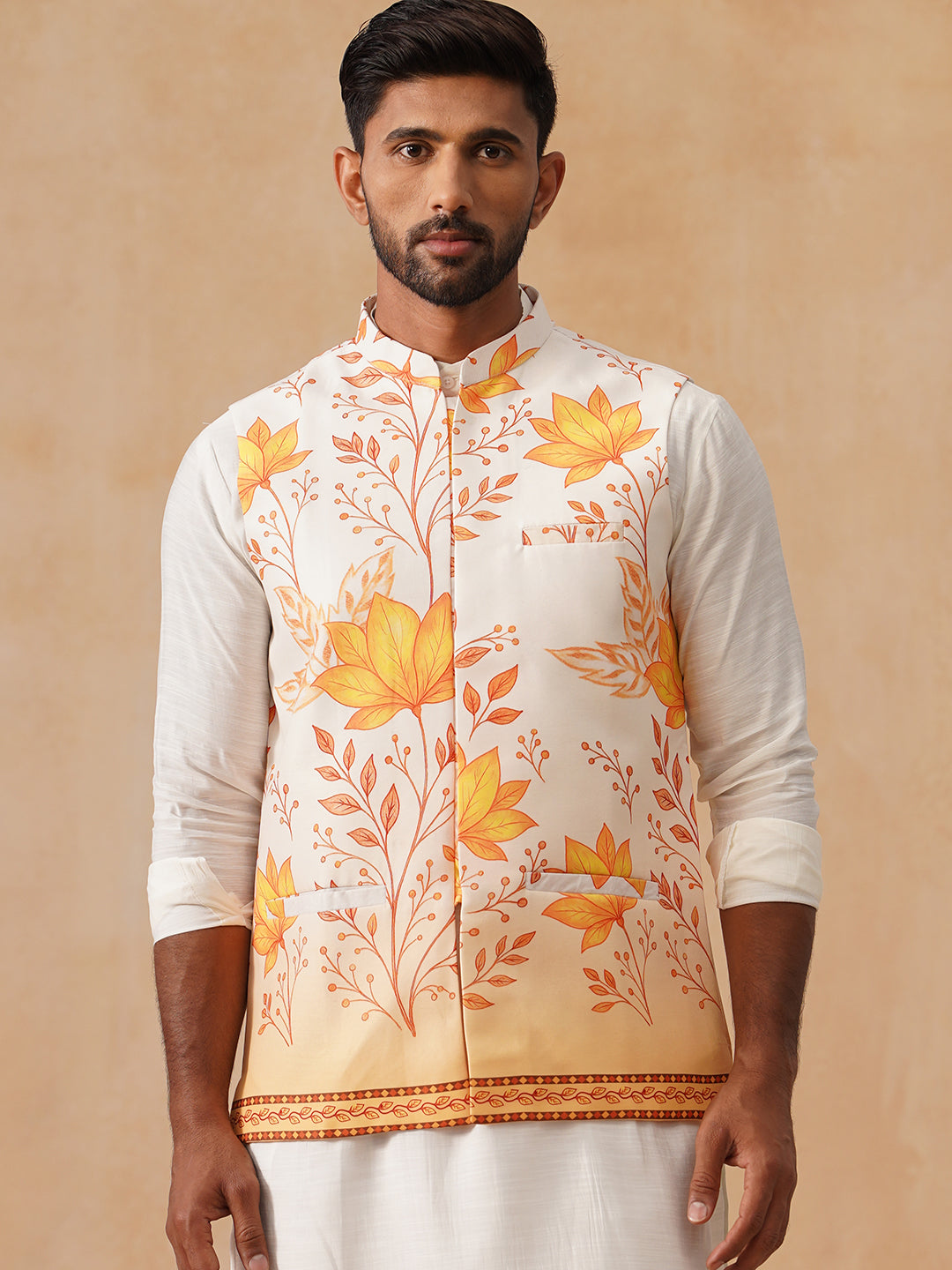 Floral Printed Silk Blend Nehru Jacket ( JOWC 4137 Orange )
