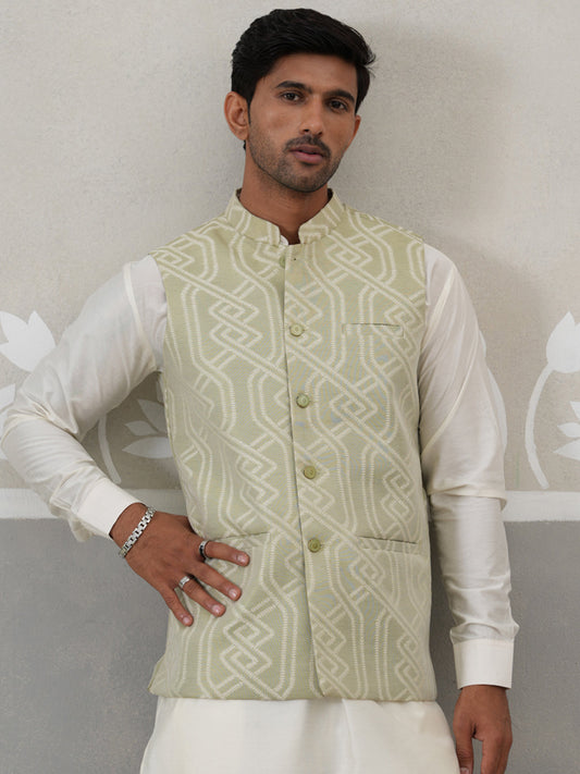 Geometric Weave Embroidered Nehru Jacket ( JOWC 4138 Pista )