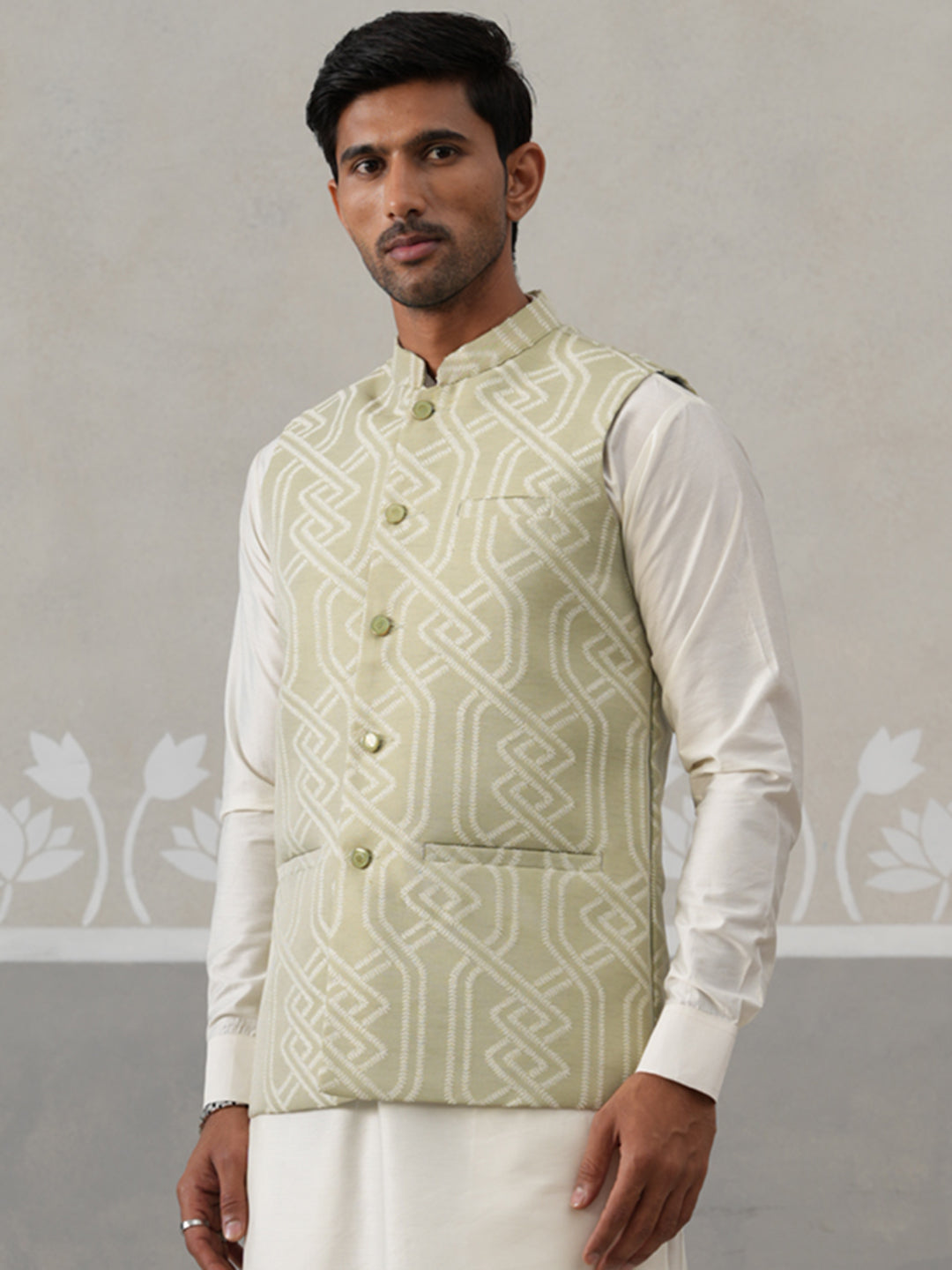 Geometric Weave Embroidered Nehru Jacket ( JOWC 4138 Pista )