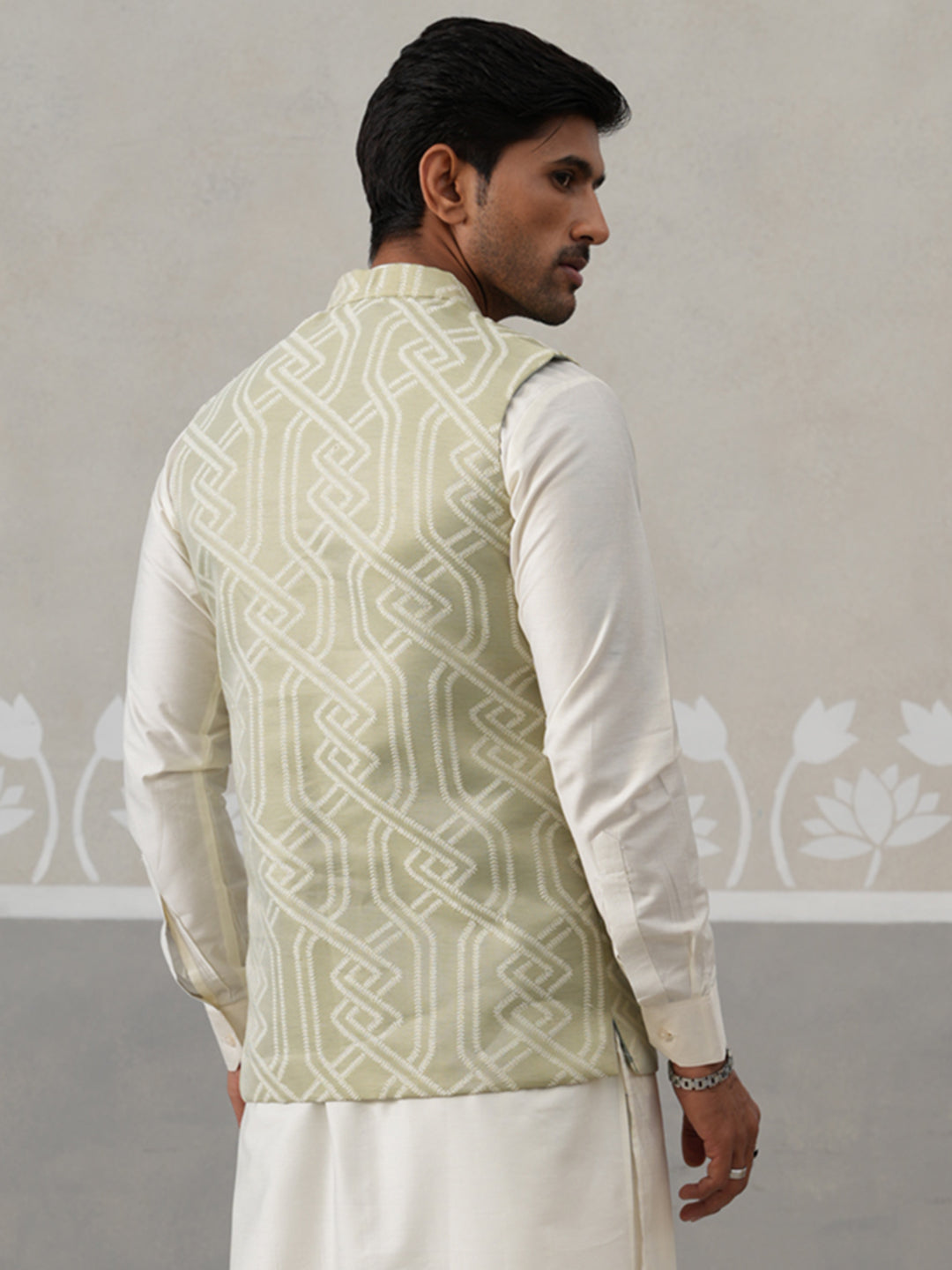Geometric Weave Embroidered Nehru Jacket ( JOWC 4138 Pista )