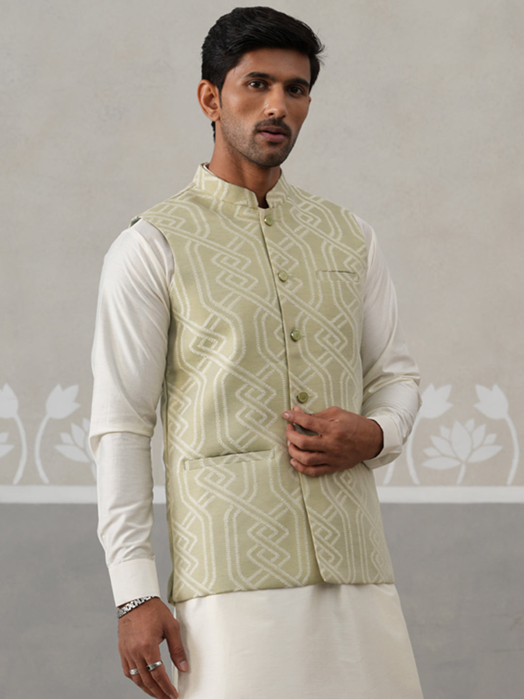 Geometric Weave Embroidered Nehru Jacket ( JOWC 4138 Pista )