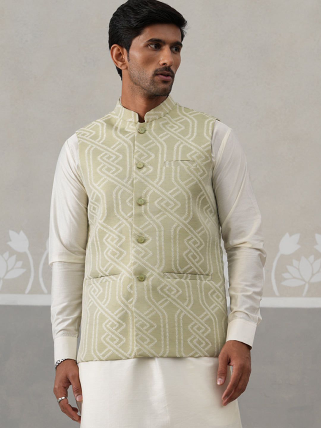 Geometric Weave Embroidered Nehru Jacket ( JOWC 4138 Pista )