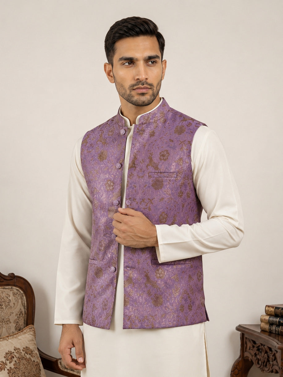 Traditional Woven Jacquard Nehru Jacket ( JOWC 4139Voilet )
