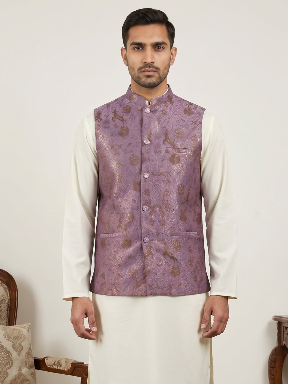 Traditional Woven Jacquard Nehru Jacket ( JOWC 4139Voilet )