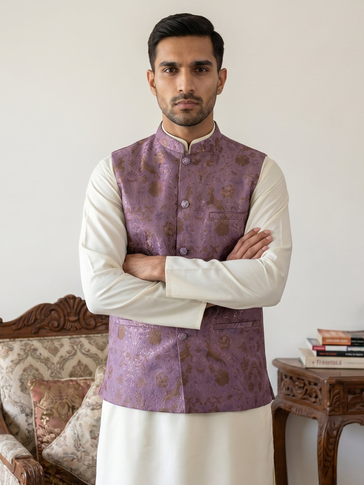 Traditional Woven Jacquard Nehru Jacket ( JOWC 4139Voilet )