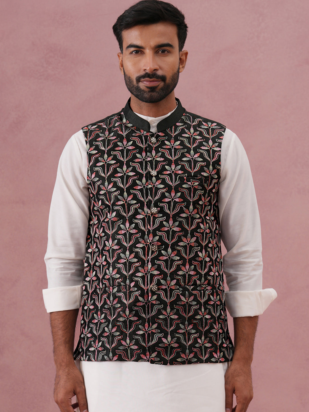 Floral Embroidered Silk Nehru Jacket ( JOWC 4142 Mehndi )