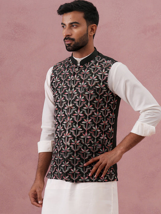 Floral Embroidered Silk Nehru Jacket ( JOWC 4142 Mehndi )