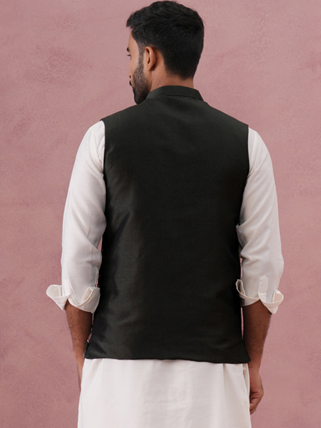 Floral Embroidered Silk Nehru Jacket ( JOWC 4142 Mehndi )