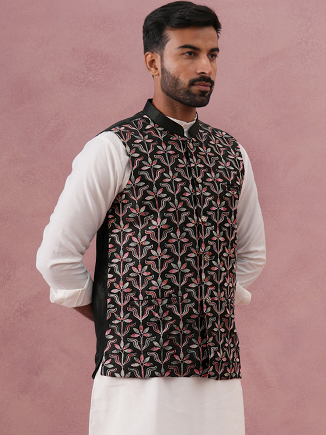 Floral Embroidered Silk Nehru Jacket ( JOWC 4142 Mehndi )